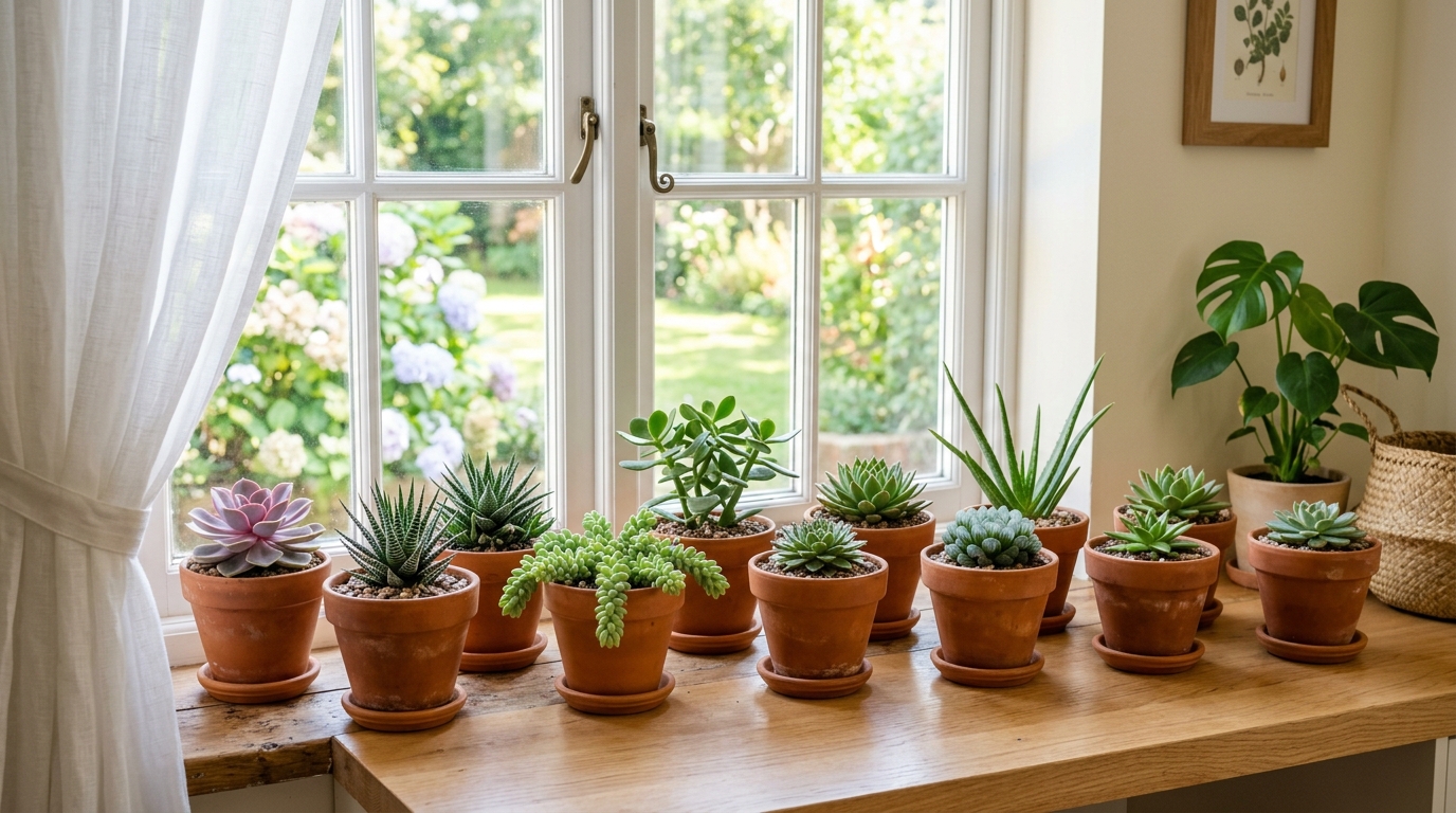 multiple succulents on the window sill