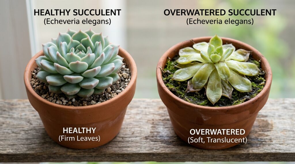 overwatered vs healthy succulent leaf comparison