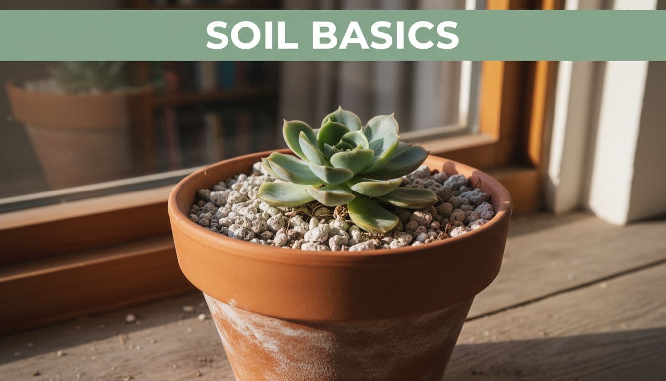 Photorealistic image of a healthy Echeveria succulent in a terracotta pot with gritty, well-draining soil mix showing perlite and pumice chunks on a wooden windowsill in soft morning light, featuring a bold 'Soil Basics' headline on a green band.