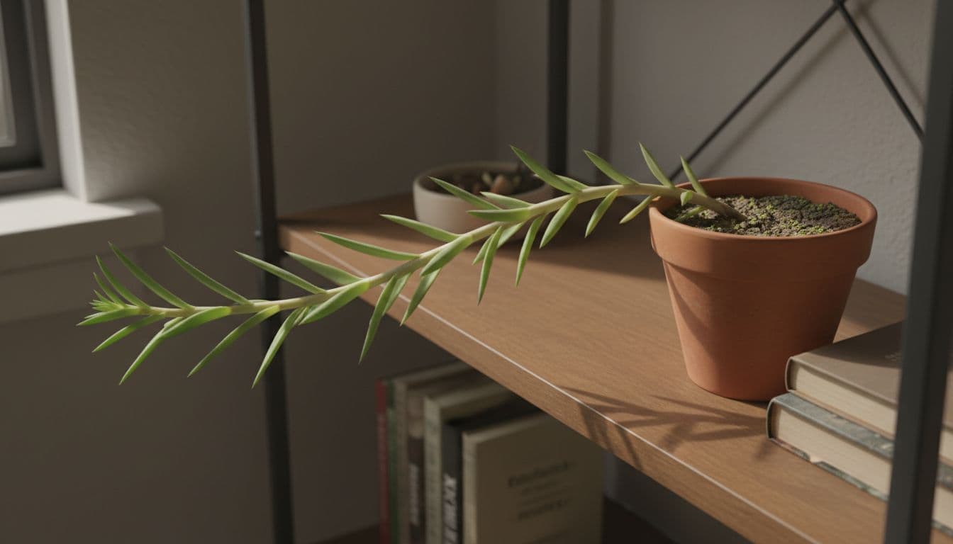 Realistic photo of a stretching, etiolated Haworthia succulent with tall sparse stem leaning toward dim light on an indoor shelf with books, dry soil, and soft shadows.