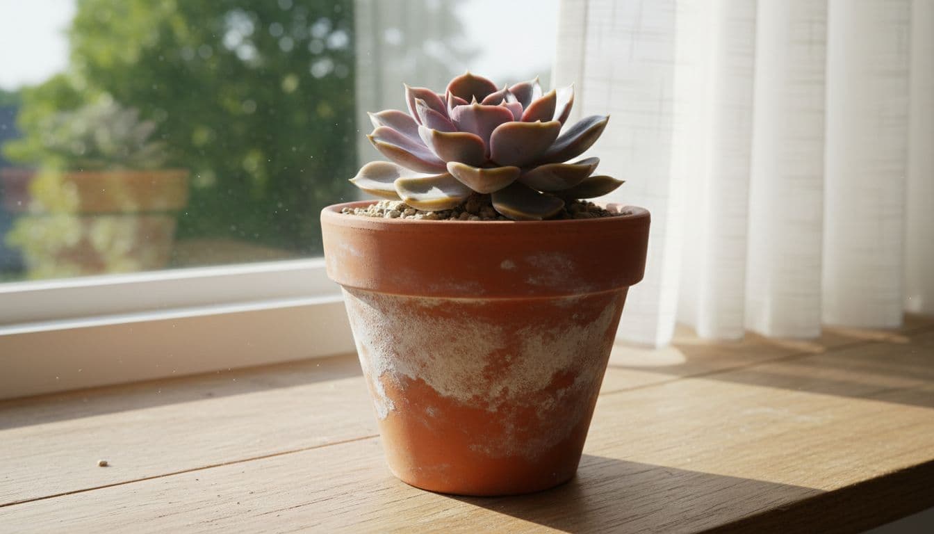 Realistic photo of a healthy echeveria succulent in a terracotta pot on a sunny windowsill, with soft morning light casting gentle shadows on the soil and leaves.
