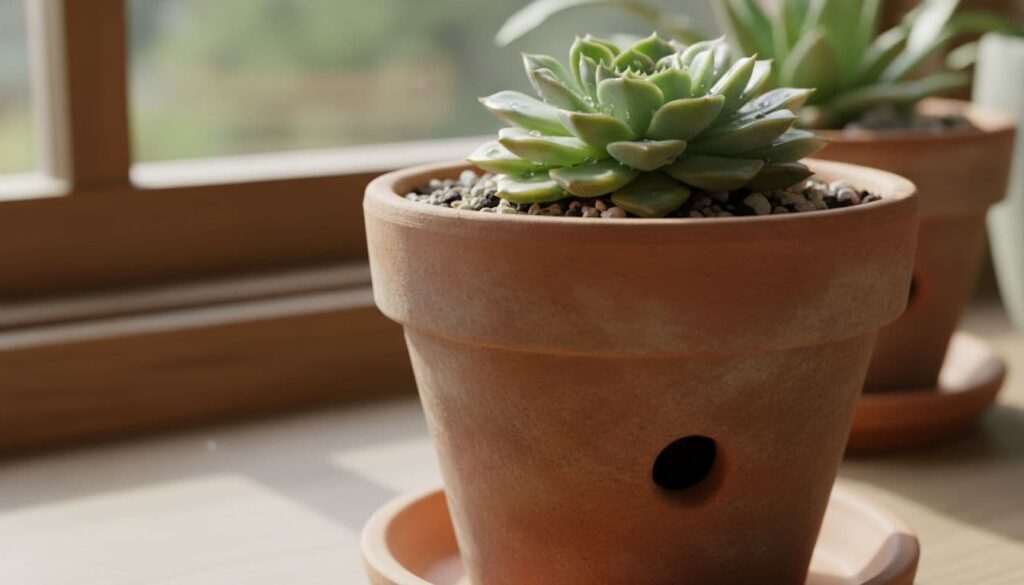 healthy succulent in a terracotta pot with drainage hole sitting by a bright window
