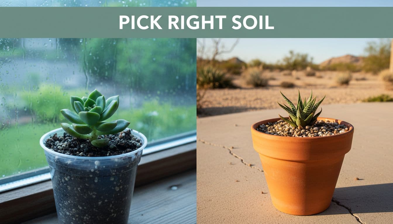 Photorealistic comparison of two succulents: one in plastic pot on cool humid windowsill with fast-draining soil, and one in terracotta on sunny dry patio with moisture-retaining mix, highlighting optimal soil choices for conditions.