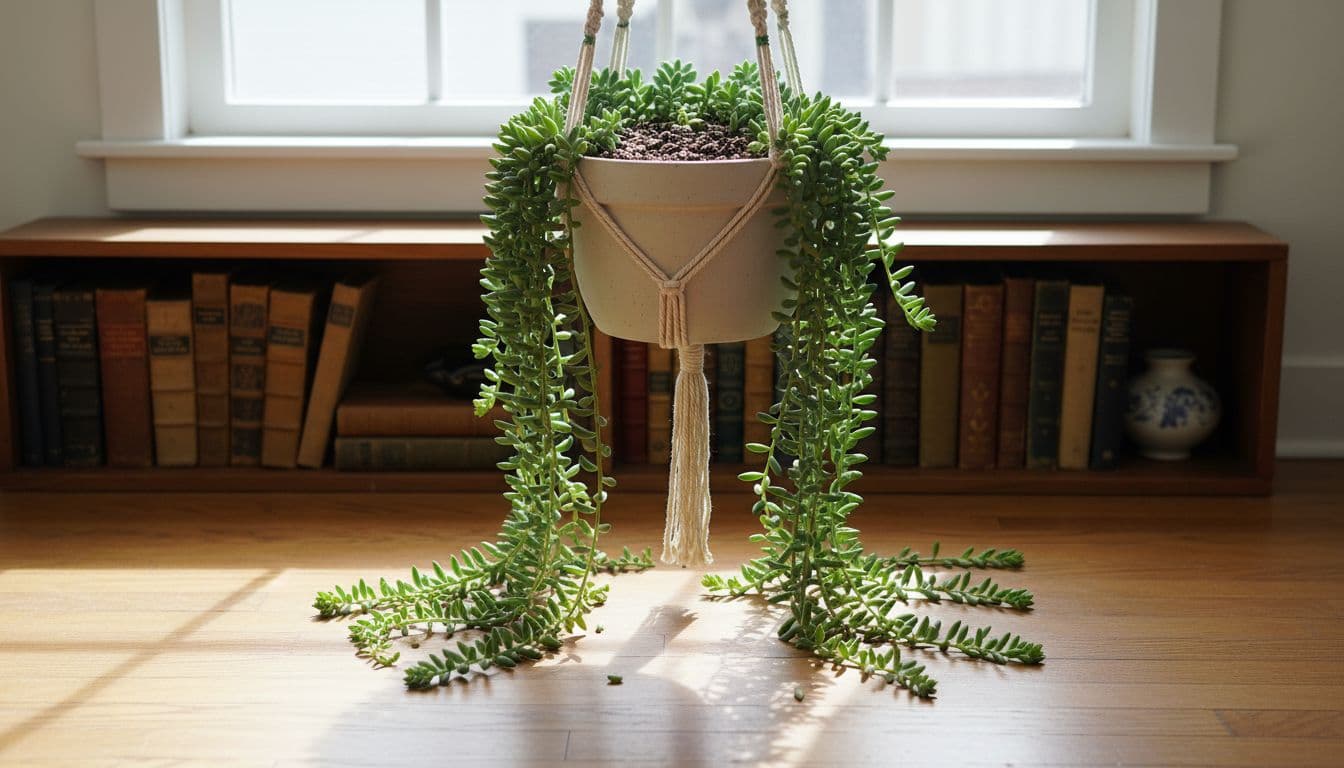 Burro's Tail succulent trails from macrame planter near living room window with morning light and bookshelf below.