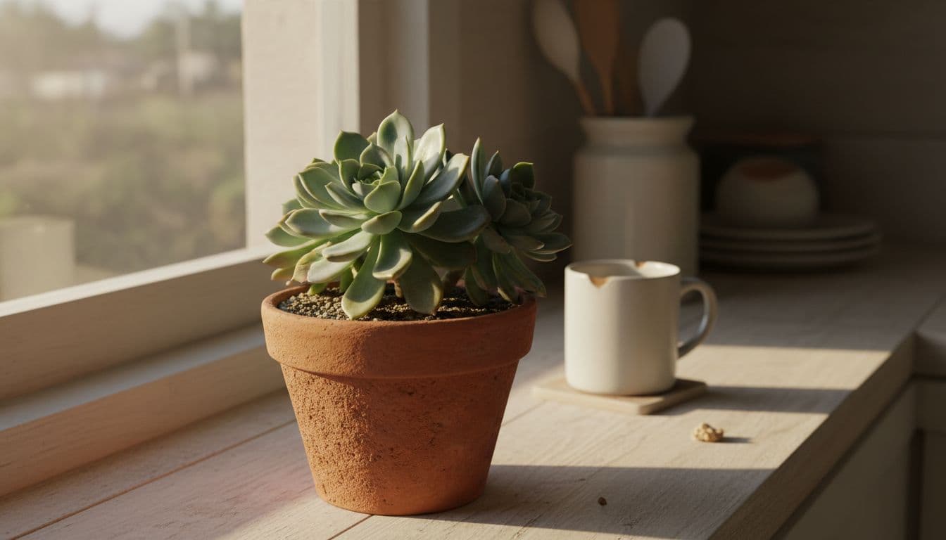 Healthy Echeveria succulent in terracotta pot on wooden kitchen windowsill with coffee mug nearby.
