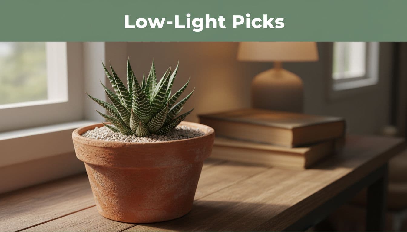 Compact Haworthia with striped rosette leaves in terracotta pot on wooden shelf, dry gritty soil, green banner with 'Low-Light Picks' at top.