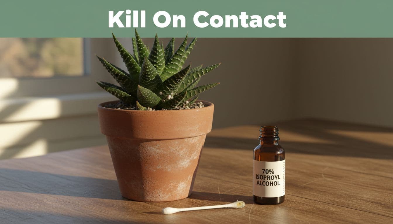 Realistic Haworthia succulent in a clay pot on a kitchen table after partial mealybug treatment with rubbing alcohol, featuring a dipped cotton swab and 70% isopropyl bottle nearby, soft afternoon light.