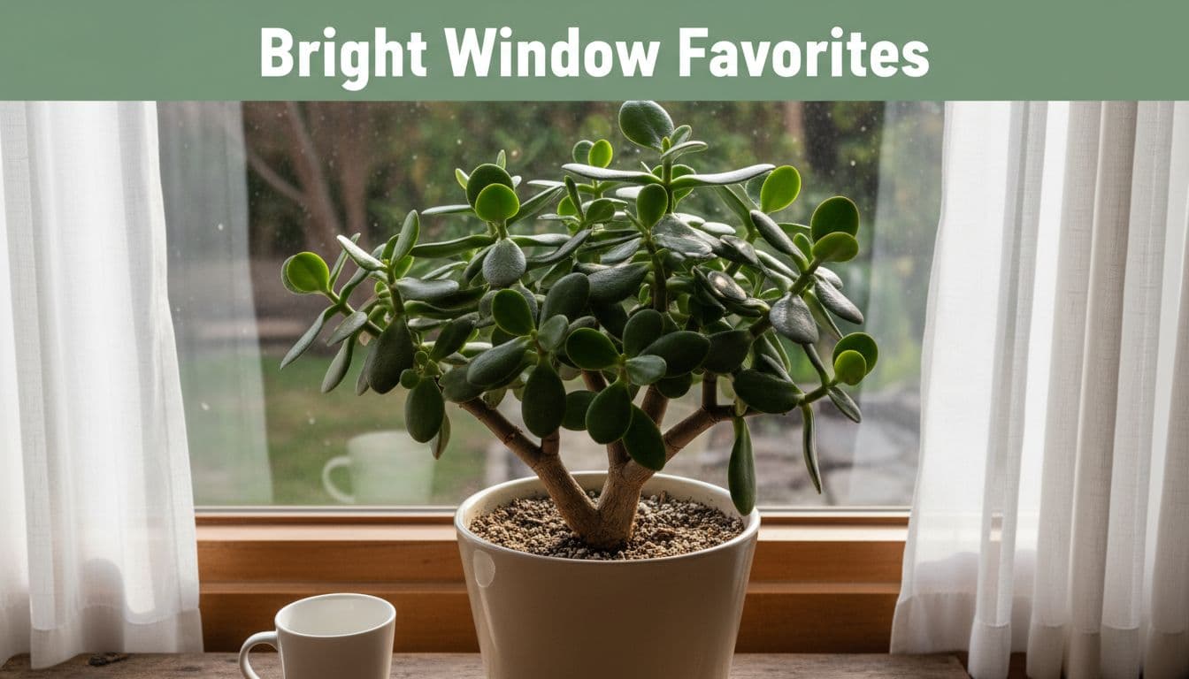 Jade plant in ceramic pot on sunny windowsill with coffee mug, green band and 'Bright Window Favorites' headline above.
