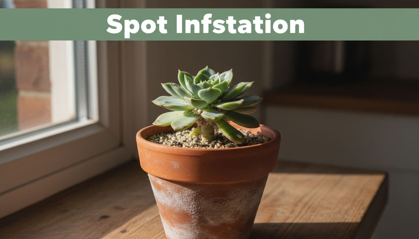 Realistic close-up of an Echeveria succulent in a terracotta pot on a wooden windowsill, showing white cottony mealybug clusters in leaf joints, stems, and near the soil line under soft natural light.