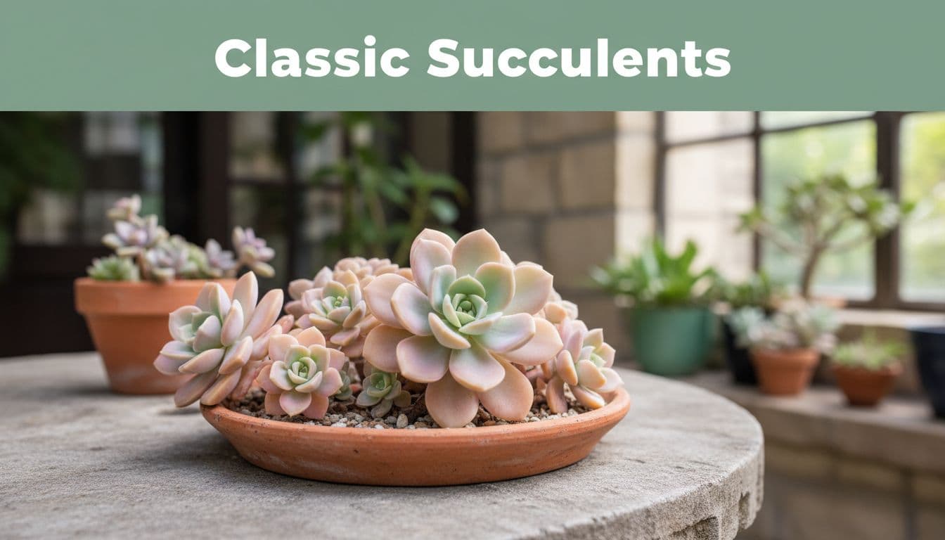 Cluster of pastel Echeveria rosettes with offsets in shallow clay dish on stone patio table, green header band with 'Classic Succulents' text above.