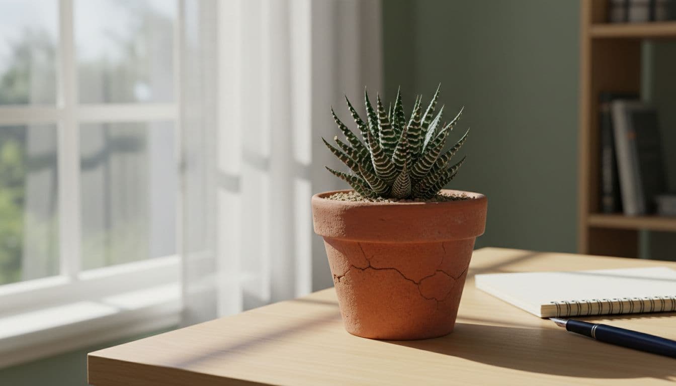 Zebra Haworthia succulent in clay pot on desk with notebook and pen under window light.